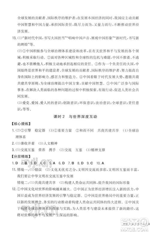 湖南教育出版社2023一本同步训练九年级下册道德与法治人教版参考答案