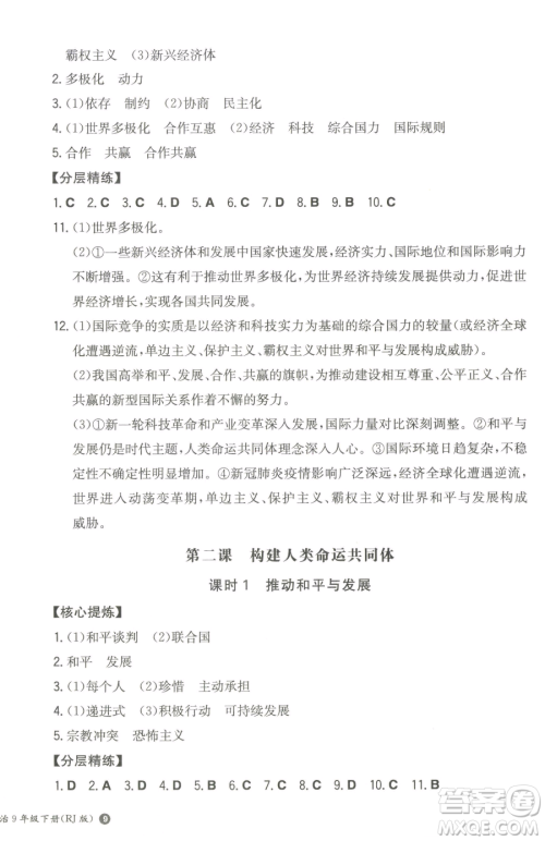 湖南教育出版社2023一本同步训练九年级下册道德与法治人教版参考答案