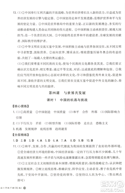 湖南教育出版社2023一本同步训练九年级下册道德与法治人教版参考答案