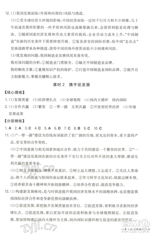 湖南教育出版社2023一本同步训练九年级下册道德与法治人教版参考答案