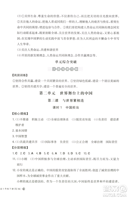 湖南教育出版社2023一本同步训练九年级下册道德与法治人教版参考答案