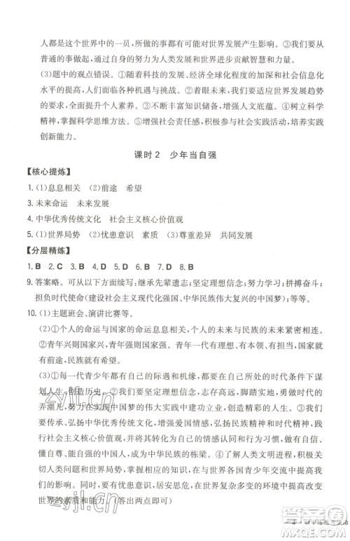 湖南教育出版社2023一本同步训练九年级下册道德与法治人教版参考答案