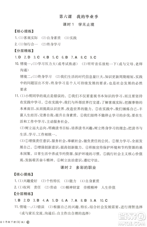 湖南教育出版社2023一本同步训练九年级下册道德与法治人教版参考答案