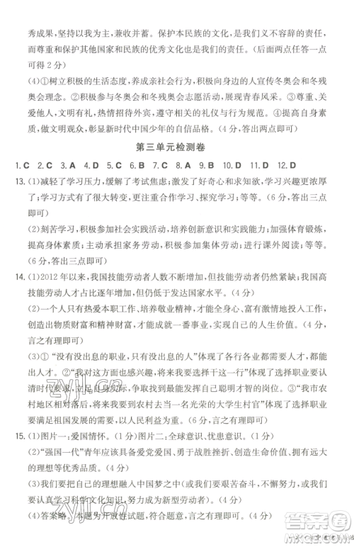 湖南教育出版社2023一本同步训练九年级下册道德与法治人教版参考答案