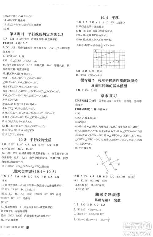 湖南教育出版社2023一本同步训练七年级下册数学沪科版安徽专用参考答案