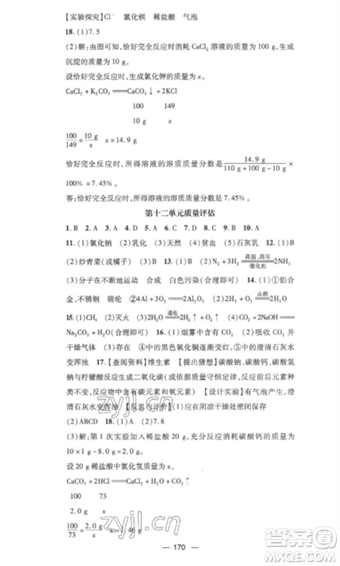 江西教育出版社2023精英新课堂三点分层作业九年级化学下册人教版参考答案