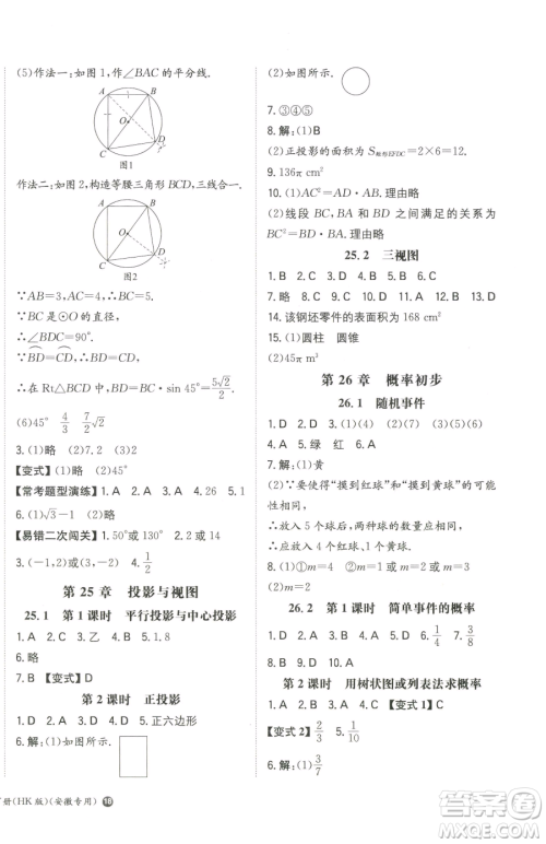 湖南教育出版社2023一本同步训练九年级下册数学沪科版安徽专用参考答案