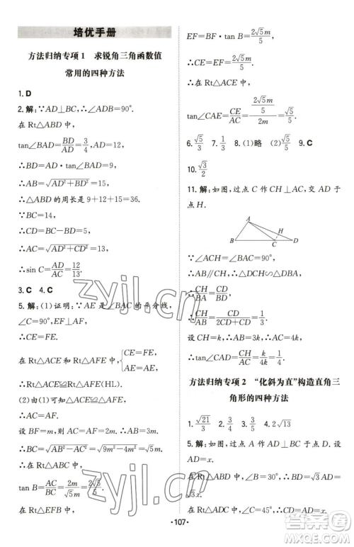 湖南教育出版社2023一本同步训练九年级下册数学北师大版参考答案