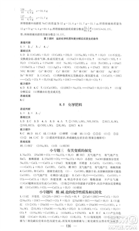 阳光教育出版社2023精英新课堂九年级化学下册科粤版参考答案