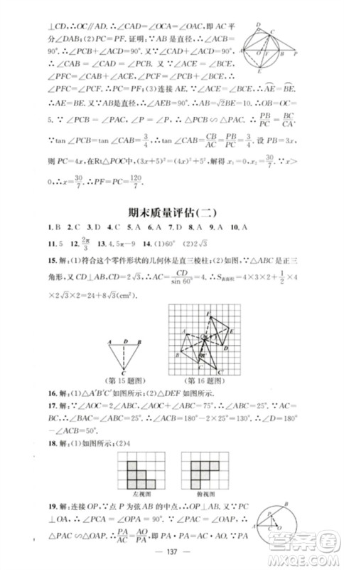 阳光教育出版社2023精英新课堂九年级数学下册沪科版参考答案