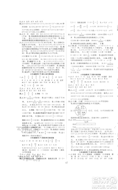 安徽人民出版社2023新经典练与测六年级数学下册苏教版参考答案