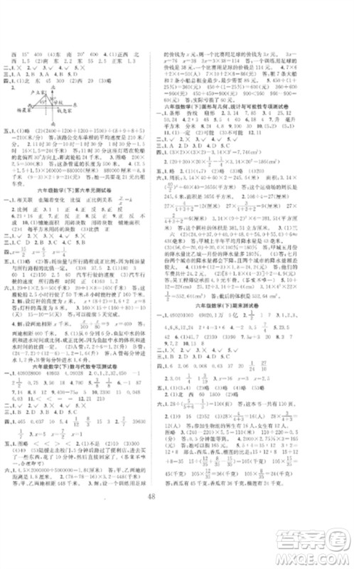 安徽人民出版社2023新经典练与测六年级数学下册苏教版参考答案