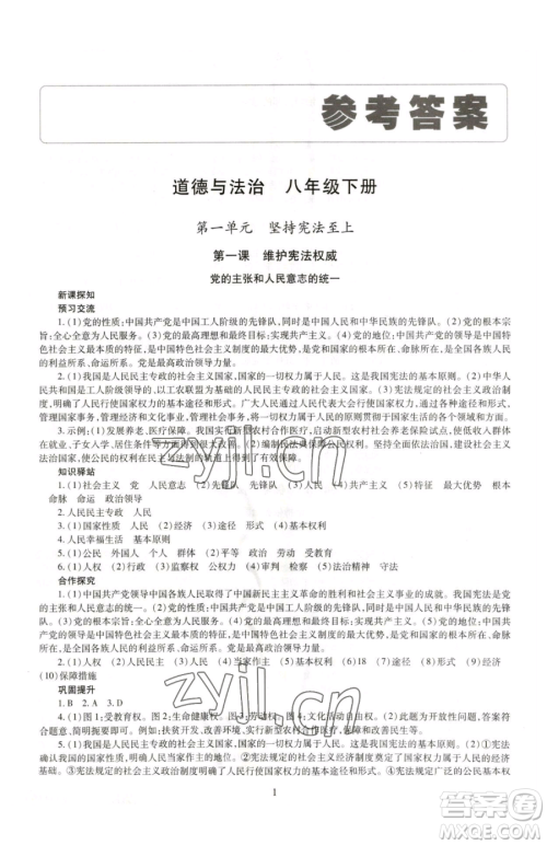 明天出版社2023智慧学习导学练八年级下册道德与法治人教版参考答案