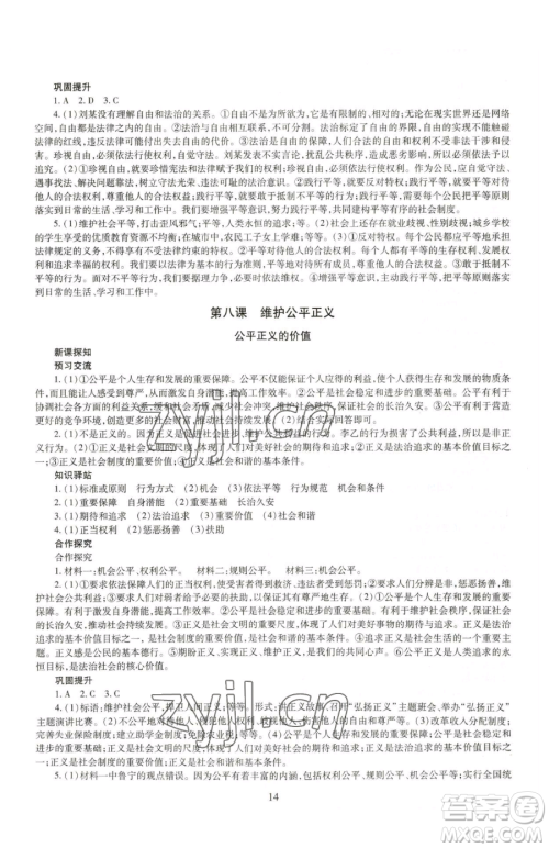 明天出版社2023智慧学习导学练八年级下册道德与法治人教版参考答案