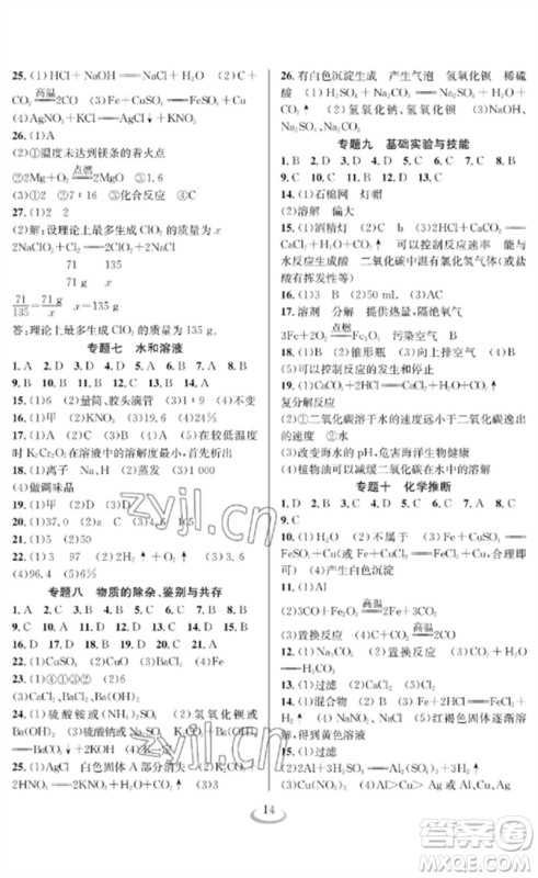 长江少年儿童出版社2023中考复习指南化学通用版襄阳专版参考答案