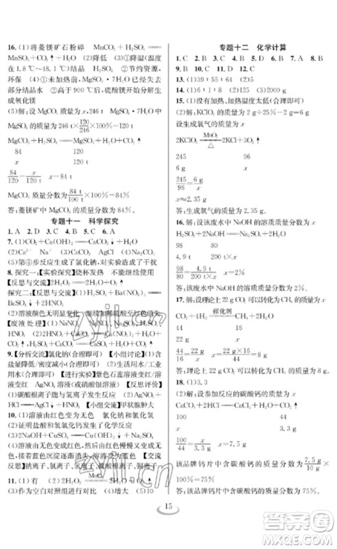 长江少年儿童出版社2023中考复习指南化学通用版襄阳专版参考答案