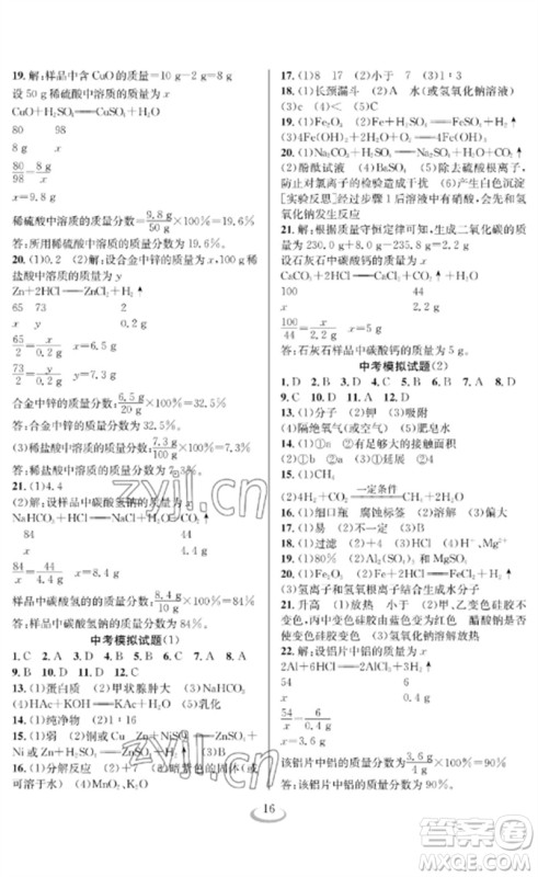 长江少年儿童出版社2023中考复习指南化学通用版襄阳专版参考答案