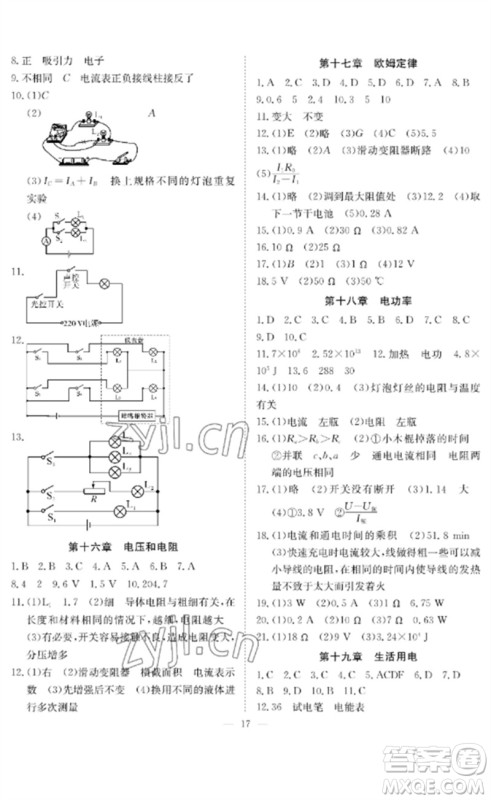 长江少年儿童出版社2023中考复习指南物理通用版黄石专版参考答案