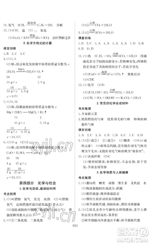 长江少年儿童出版社2023中考复习指南化学通用版黄石专版参考答案