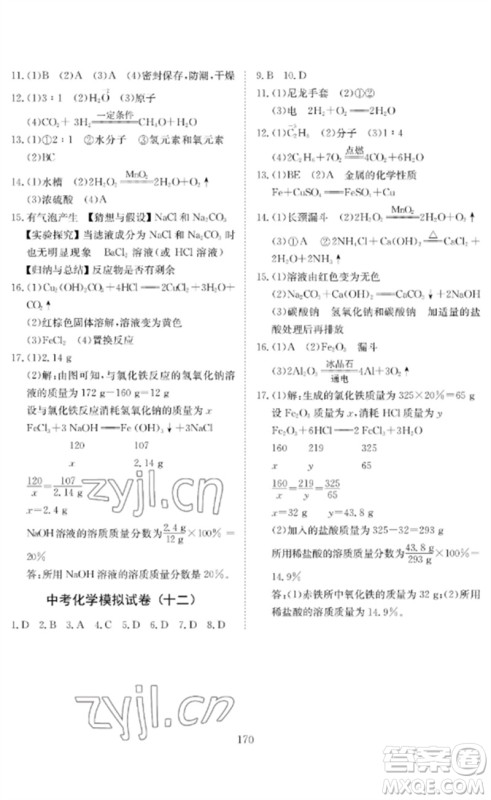 长江少年儿童出版社2023中考复习指南化学通用版黄石专版参考答案 长江少年儿童出版社2023中考复习指南化学通用版黄石专版参考答案