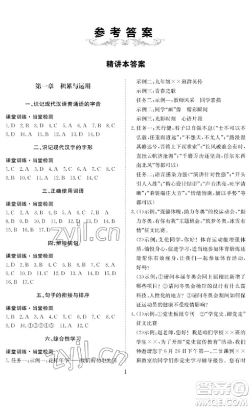 长江少年儿童出版社2023中考复习指南语文通用版黄石专版参考答案