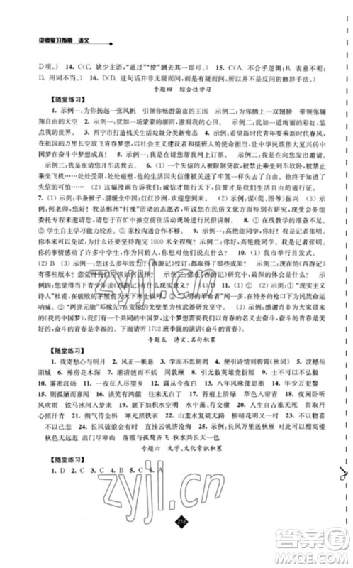 江苏人民出版社2023中考复习指南九年级语文通用版参考答案
