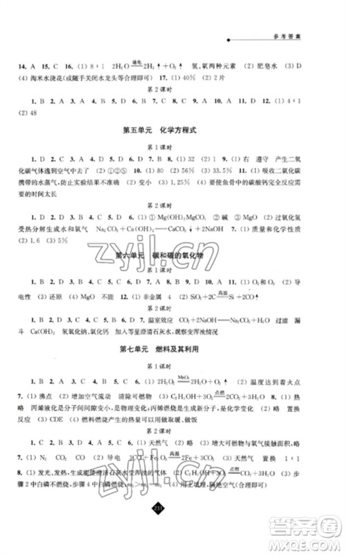 江苏人民出版社2023中考复习指南九年级化学通用版参考答案