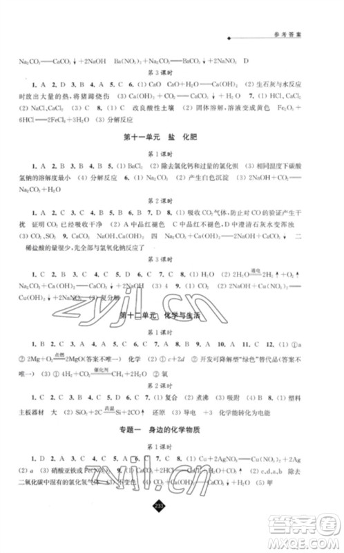 江苏人民出版社2023中考复习指南九年级化学通用版参考答案
