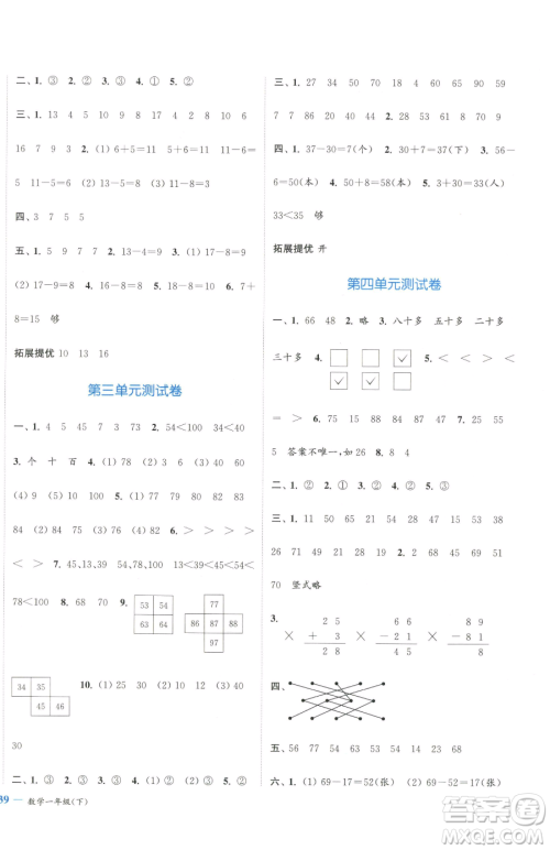 北方妇女儿童出版社2023江苏金考卷一年级下册数学苏教版参考答案