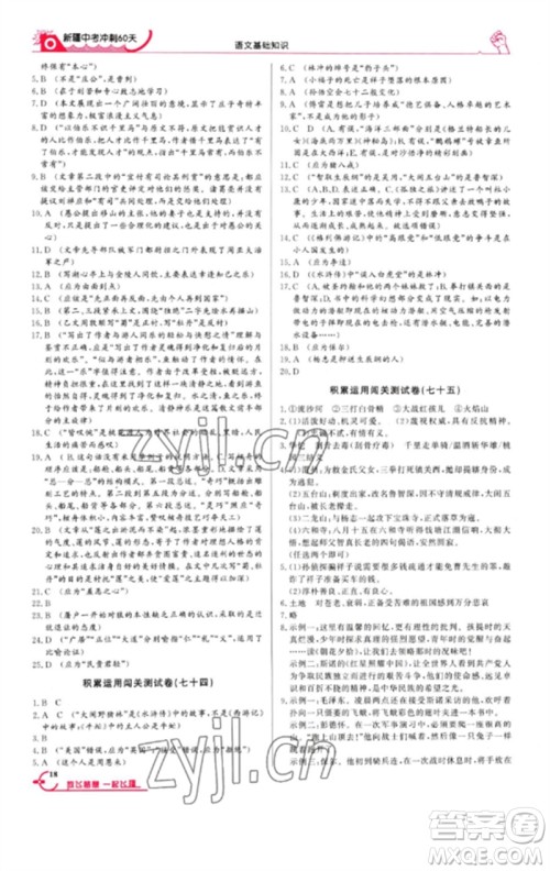 新疆文化出版社2023新疆中考冲刺60天九年级语文基础知识通用版参考答案