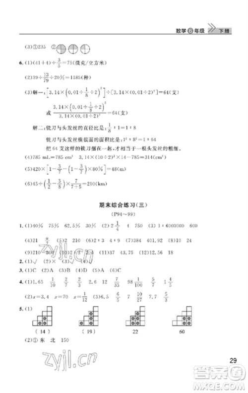 武汉出版社2023智慧学习天天向上课堂作业六年级数学下册人教版答案