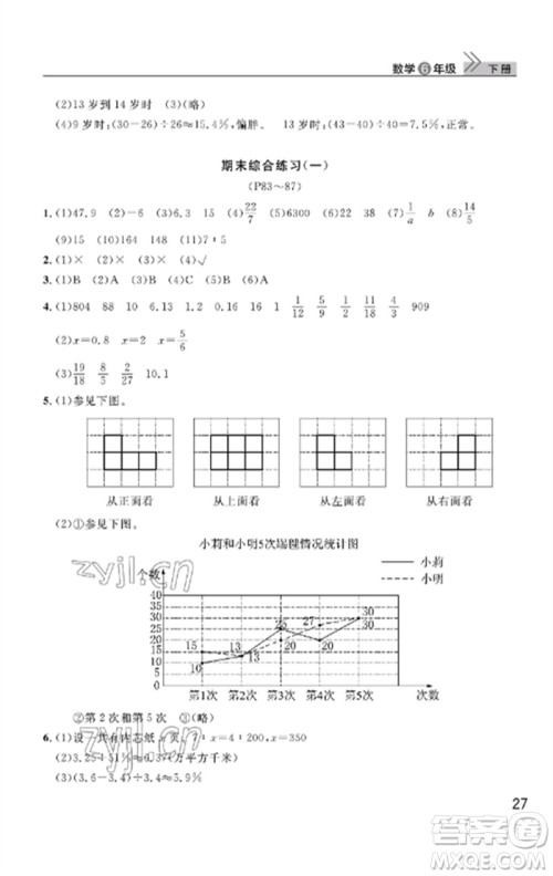 武汉出版社2023智慧学习天天向上课堂作业六年级数学下册人教版答案