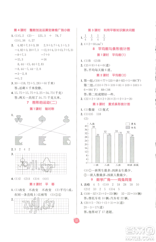 新疆青少年出版社2023同行课课100分过关作业四年级下册数学人教版参考答案