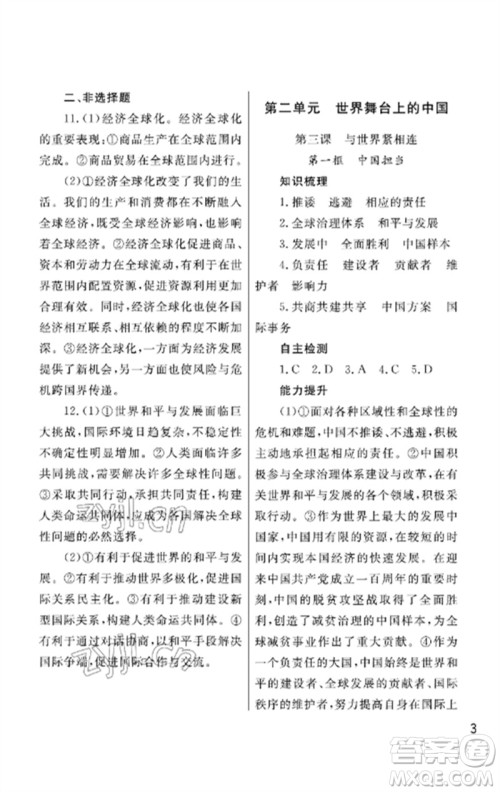 武汉出版社2023智慧学习天天向上课堂作业九年级道德与法治下册人教版参考答案