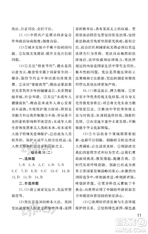 武汉出版社2023智慧学习天天向上课堂作业九年级道德与法治下册人教版参考答案