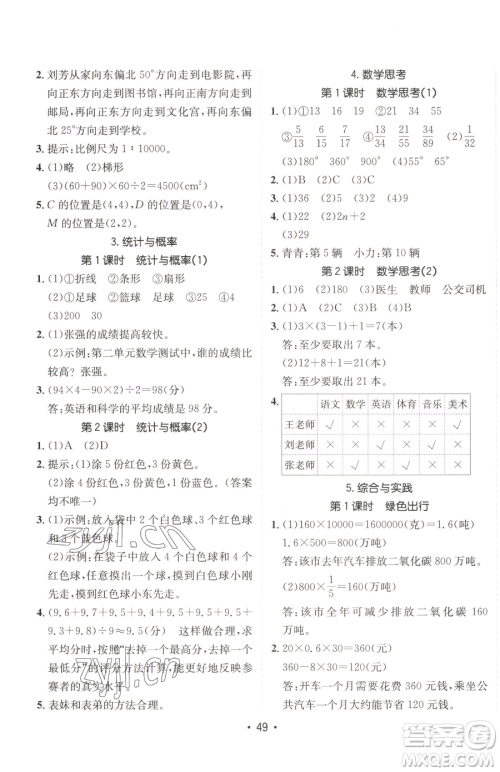 新疆青少年出版社2023同行课课100分过关作业六年级下册数学人教版参考答案