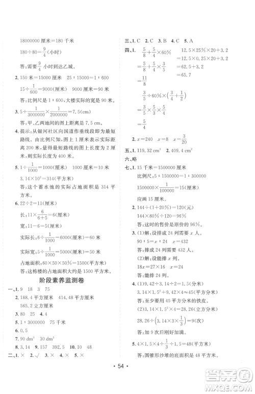 新疆青少年出版社2023同行课课100分过关作业六年级下册数学青岛版参考答案