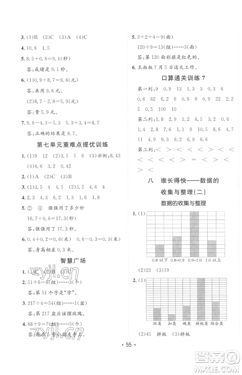 新疆青少年出版社2023同行课课100分过关作业三年级下册数学青岛版参考答案