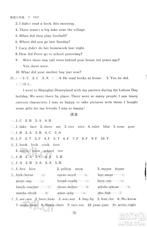 新疆青少年出版社2023同行课课100分过关作业六年级下册英语人教PEP版参考答案