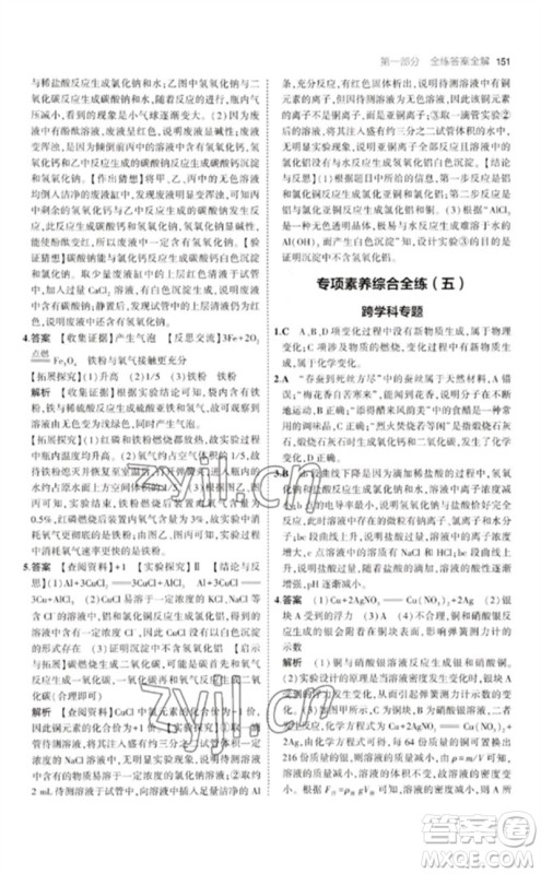 教育科学出版社2023年初中同步5年中考3年模拟九年级化学下册人教版参考答案