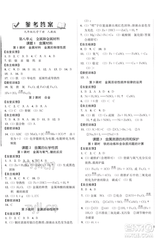 延边大学出版社2023南通小题课时作业本九年级下册化学人教版参考答案
