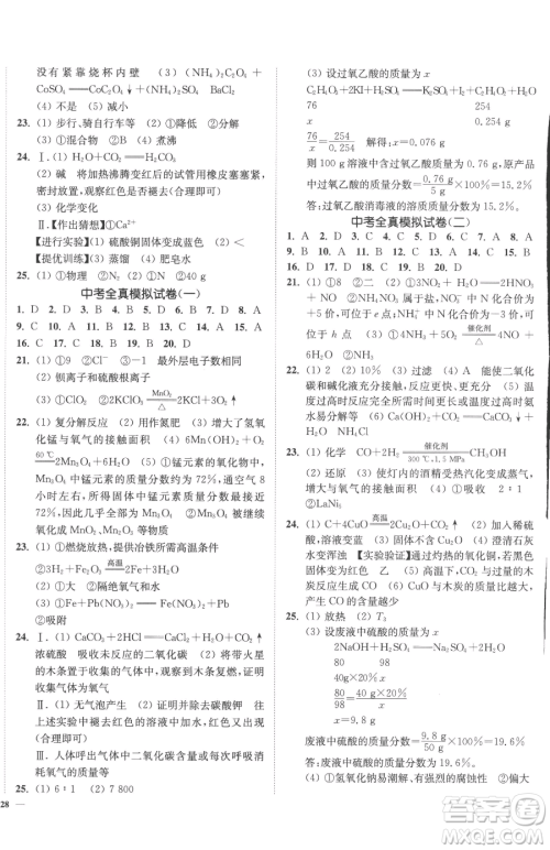 延边大学出版社2023南通小题课时作业本九年级下册化学人教版参考答案