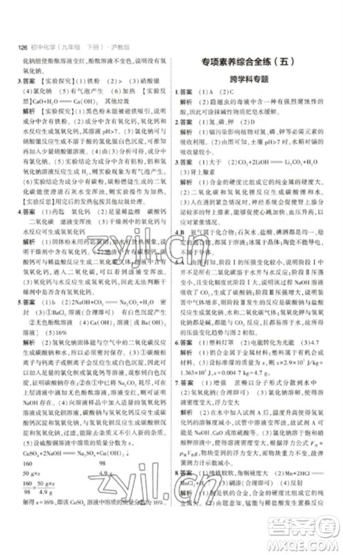 教育科学出版社2023年初中同步5年中考3年模拟九年级化学下册沪教版参考答案