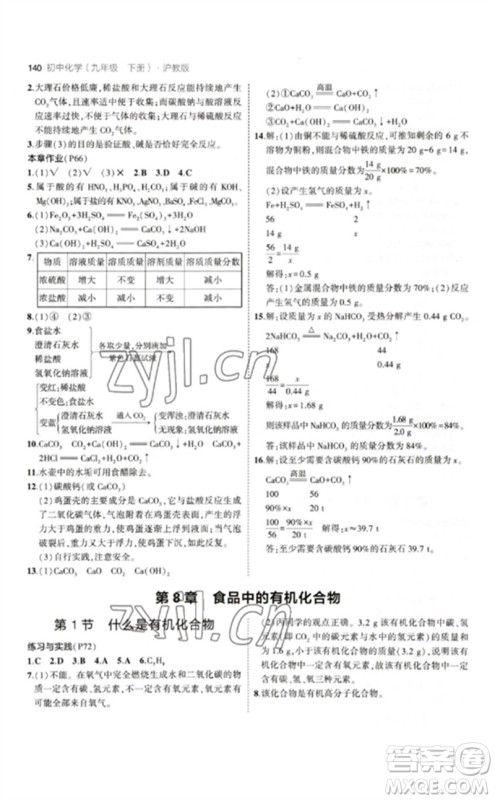 教育科学出版社2023年初中同步5年中考3年模拟九年级化学下册沪教版参考答案