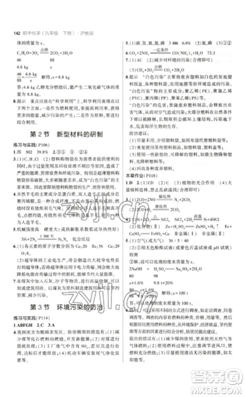 教育科学出版社2023年初中同步5年中考3年模拟九年级化学下册沪教版参考答案