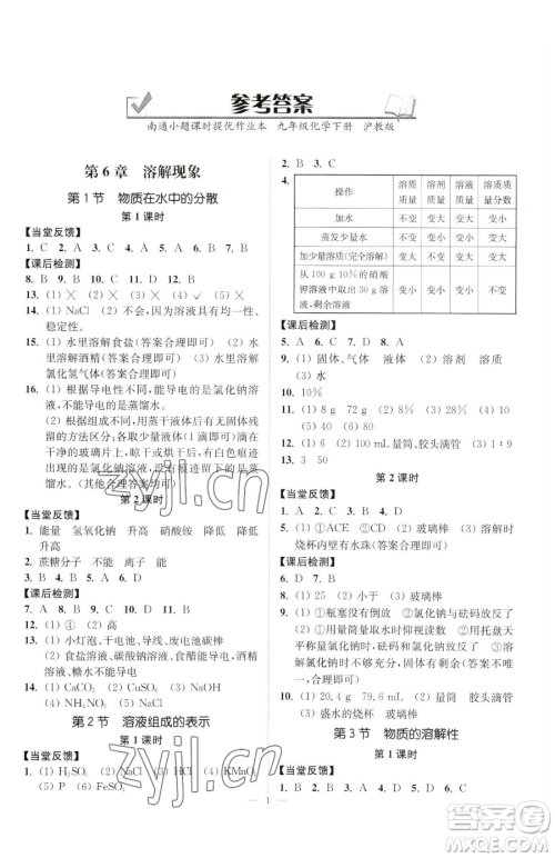 江苏凤凰美术出版社2023南通小题课时提优作业本九年级下册化学沪教版参考答案