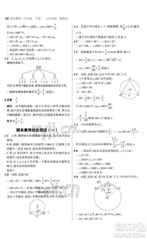 教育科学出版社2023年初中同步5年中考3年模拟九年级数学下册鲁教版版山东专版参考答案