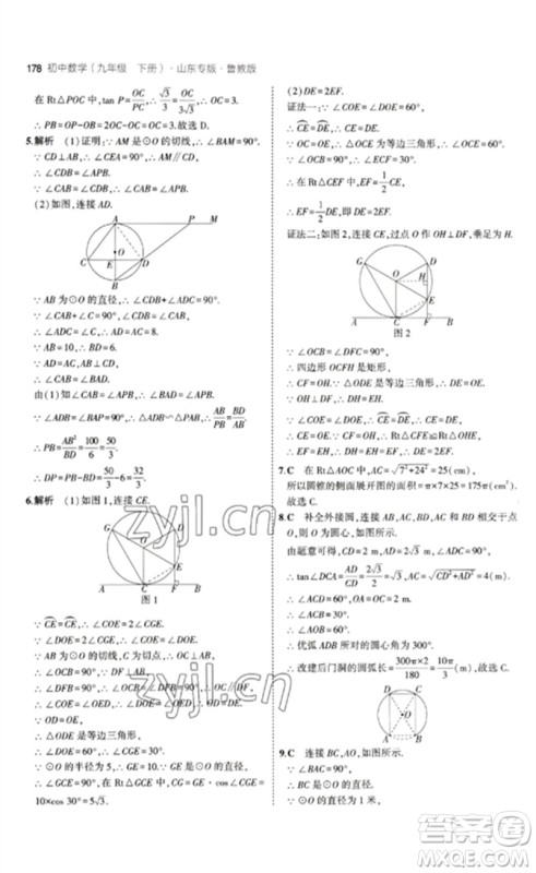 教育科学出版社2023年初中同步5年中考3年模拟九年级数学下册鲁教版版山东专版参考答案