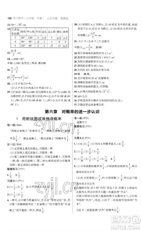 教育科学出版社2023年初中同步5年中考3年模拟九年级数学下册鲁教版版山东专版参考答案