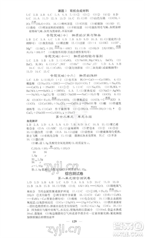 四川大学出版社2023课堂点睛九年级化学下册人教版参考答案 四川大学出版社2023课堂点睛九年级化学下册人教版参考答案